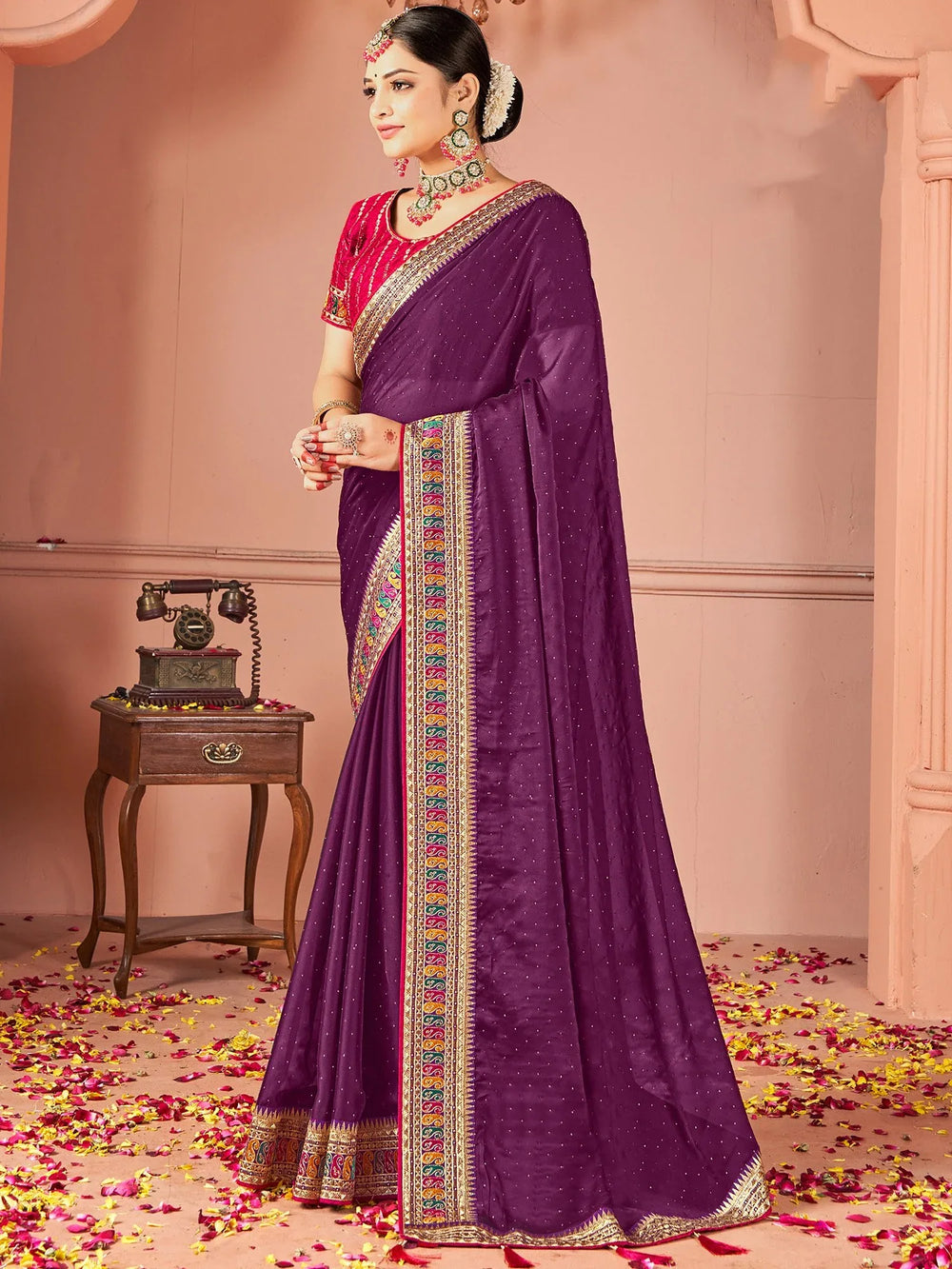 Purple Party Wear Vichitra Silk Zari Embroidered Saree - The Dori Store