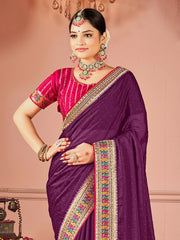 Purple Party Wear Vichitra Silk Zari Embroidered Saree - The Dori Store