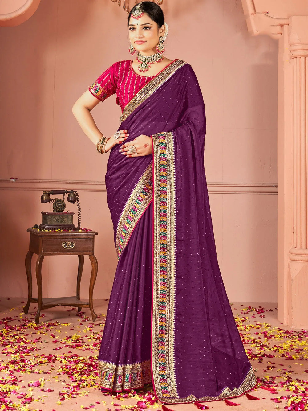Purple Party Wear Vichitra Silk Zari Embroidered Saree - The Dori Store