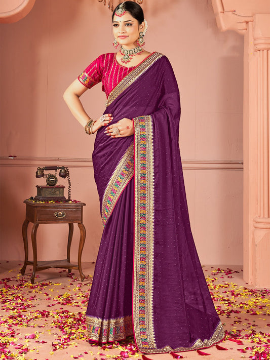 Purple Purple Party Wear Vichitra Silk Zari Embroidered Saree