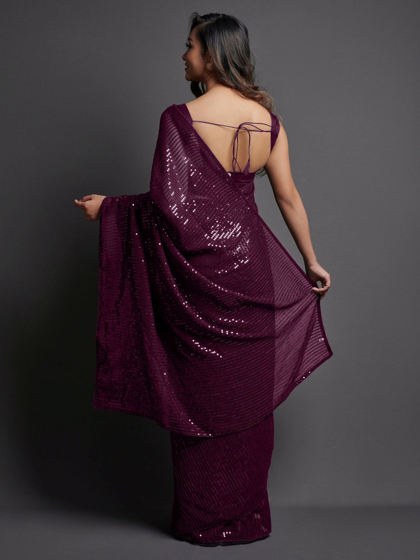 Burgundy Party Wear Georgette Embellished Saree