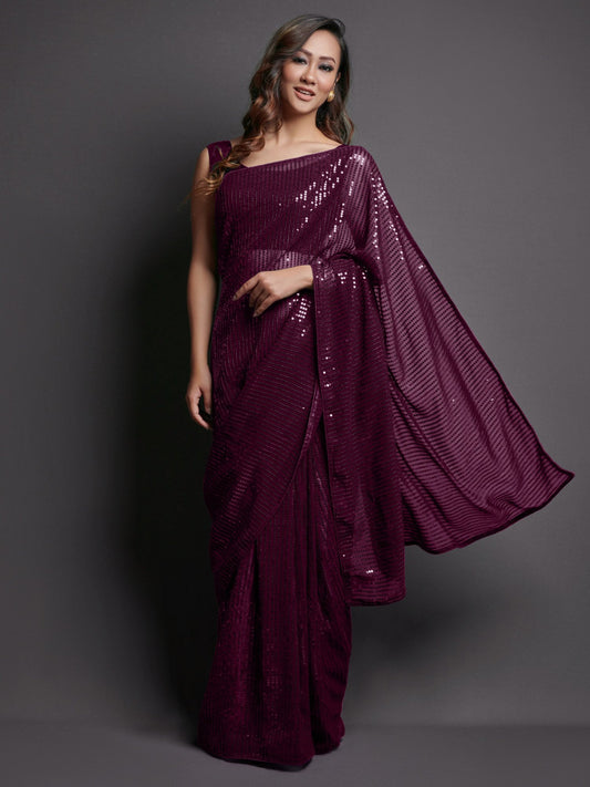 Purple Burgundy Party Wear Georgette Embellished Saree
