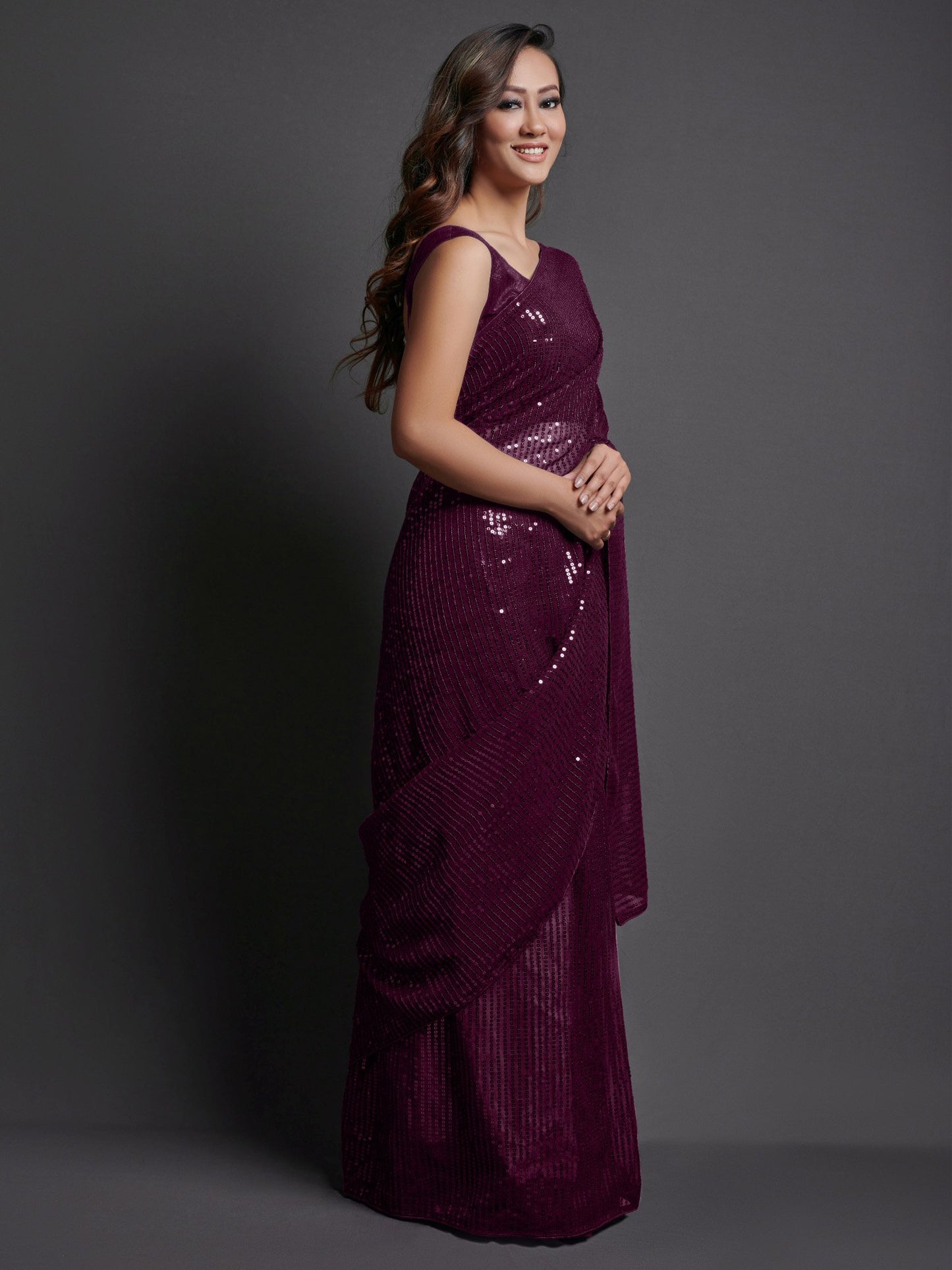 Burgundy Party Wear Georgette Embellished Saree