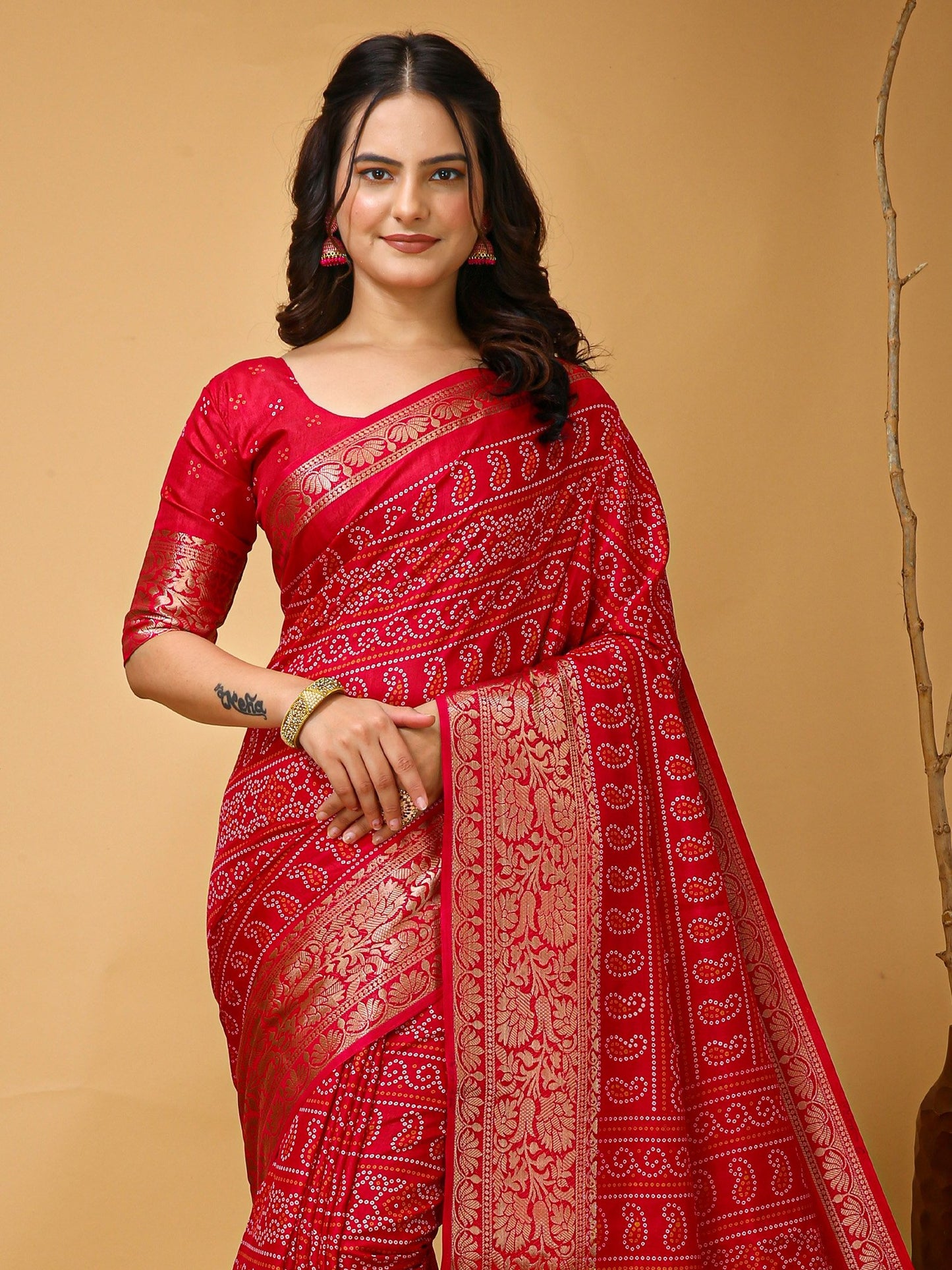 Red Bandhani Dola Silk Printed Saree