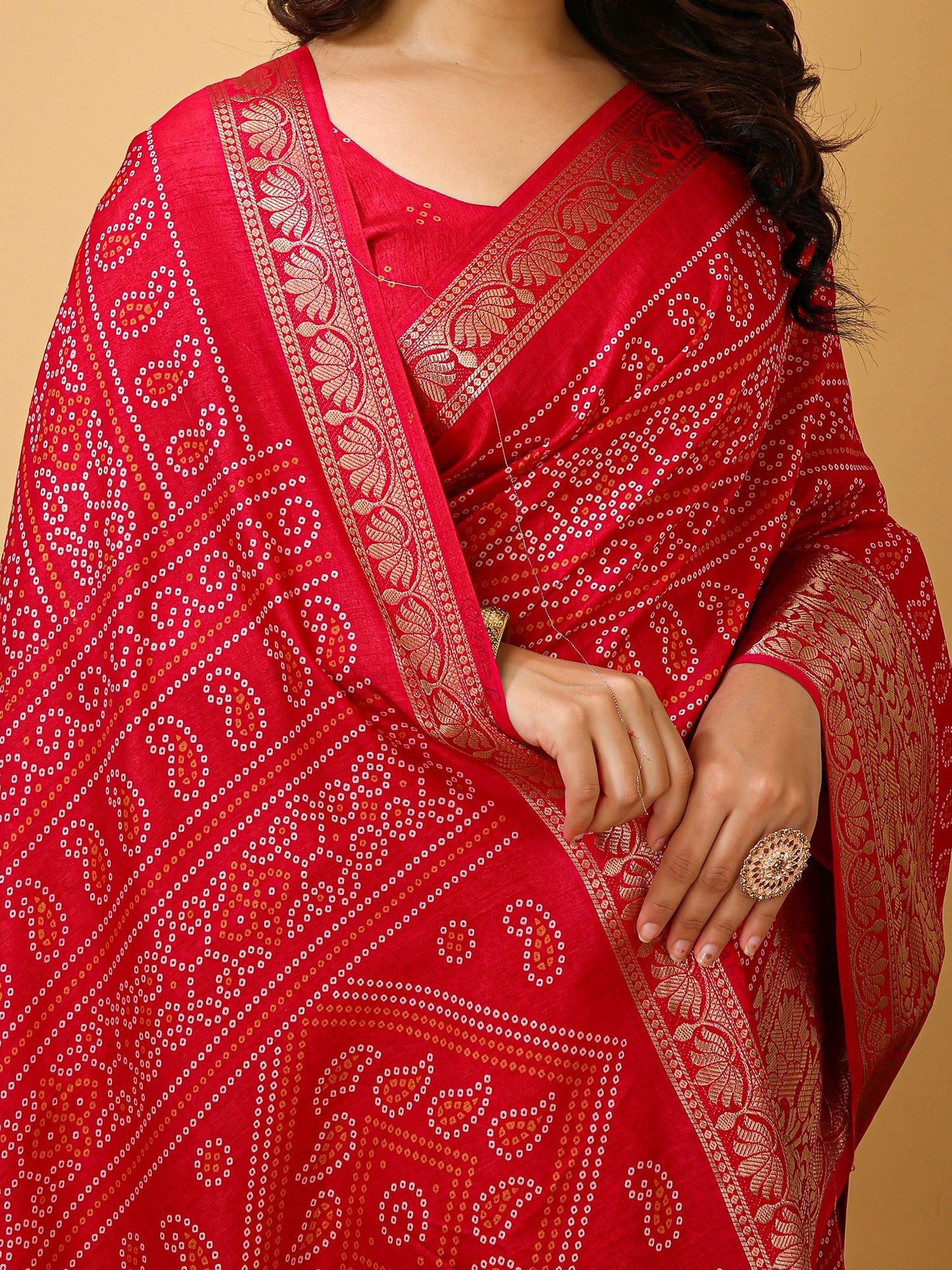 Red Bandhani Dola Silk Printed Saree