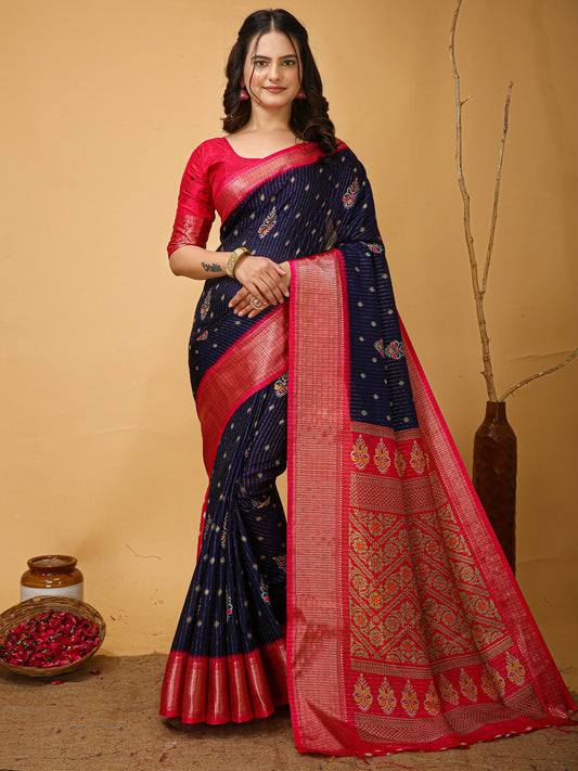 Navy Blue Navy Sungudi Silk Blend Printed Saree