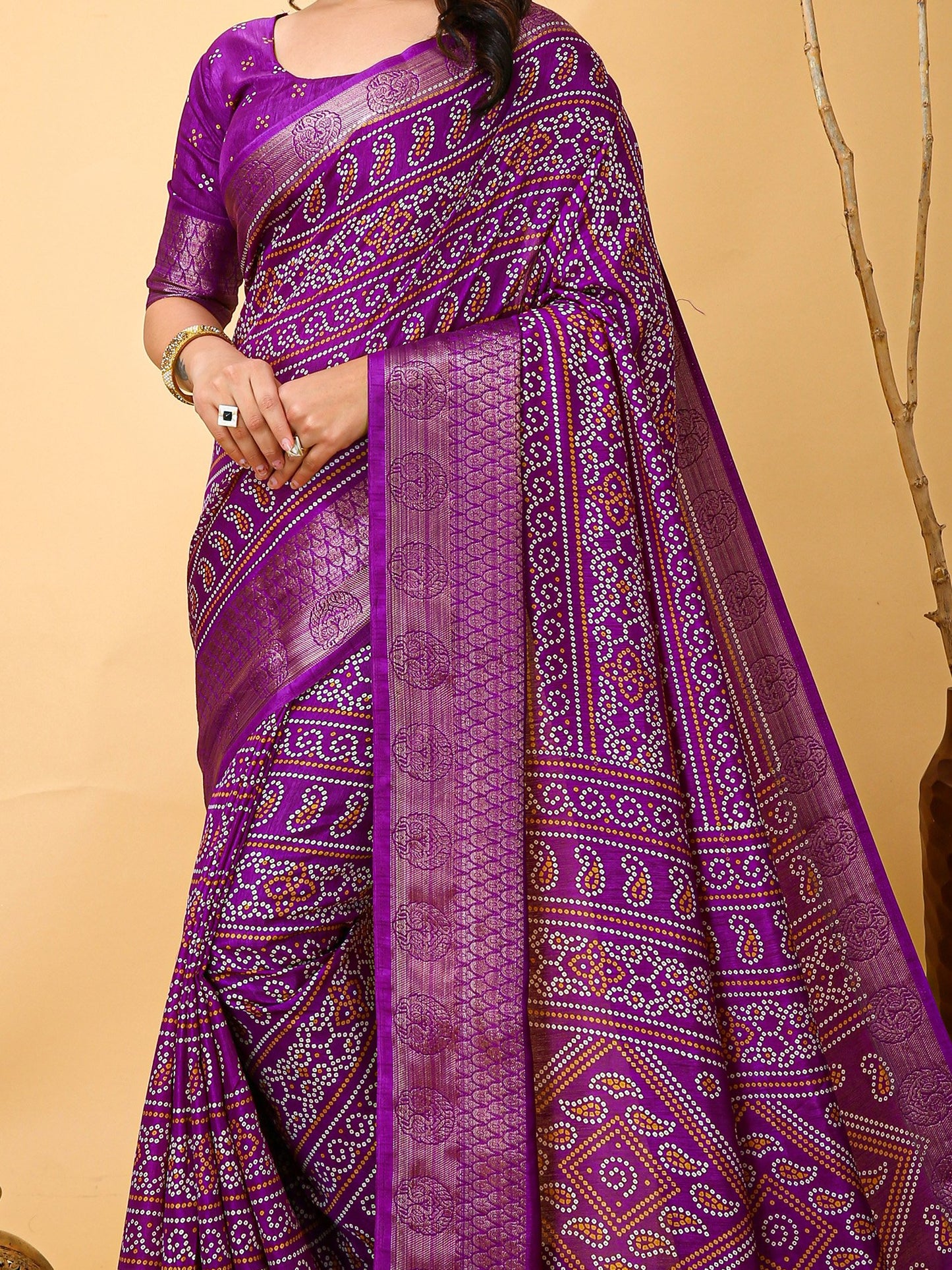 Purple Bandhani Dola Silk Printed Saree