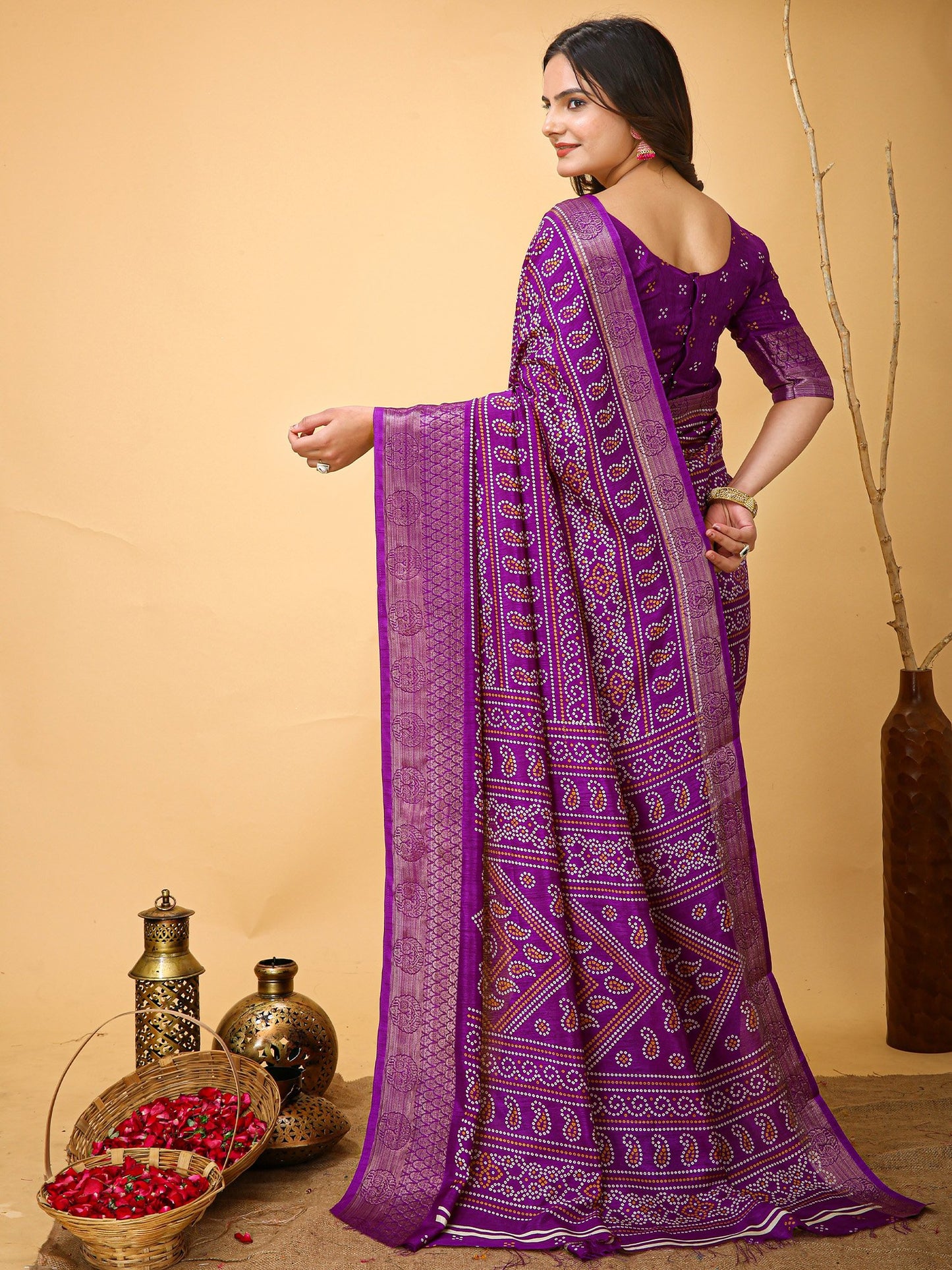 Purple Bandhani Dola Silk Printed Saree