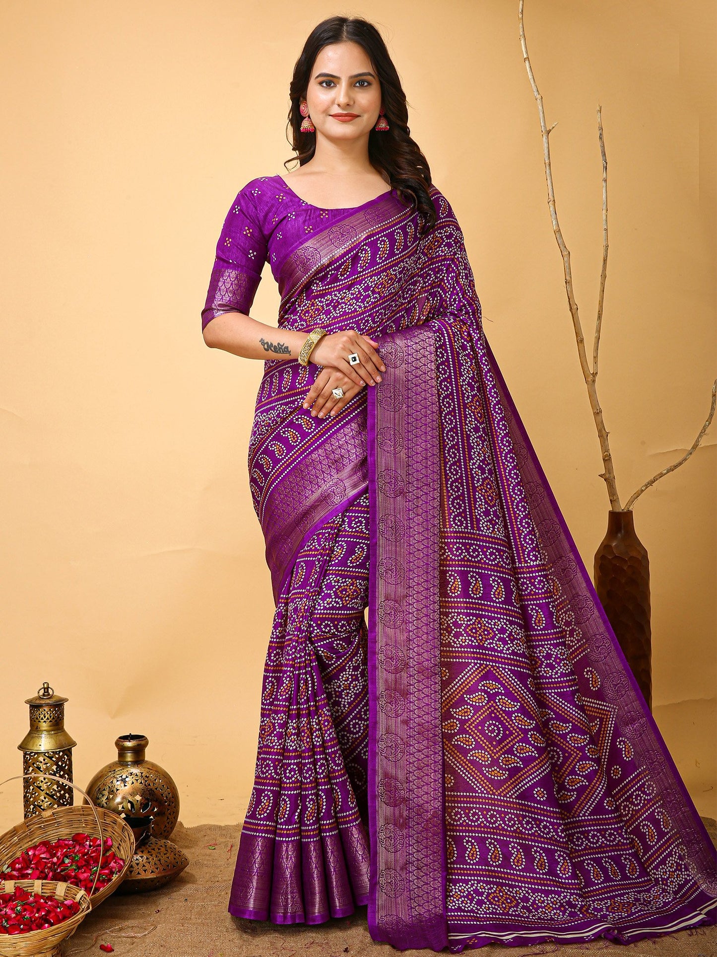 Purple Purple Bandhani Dola Silk Printed Saree