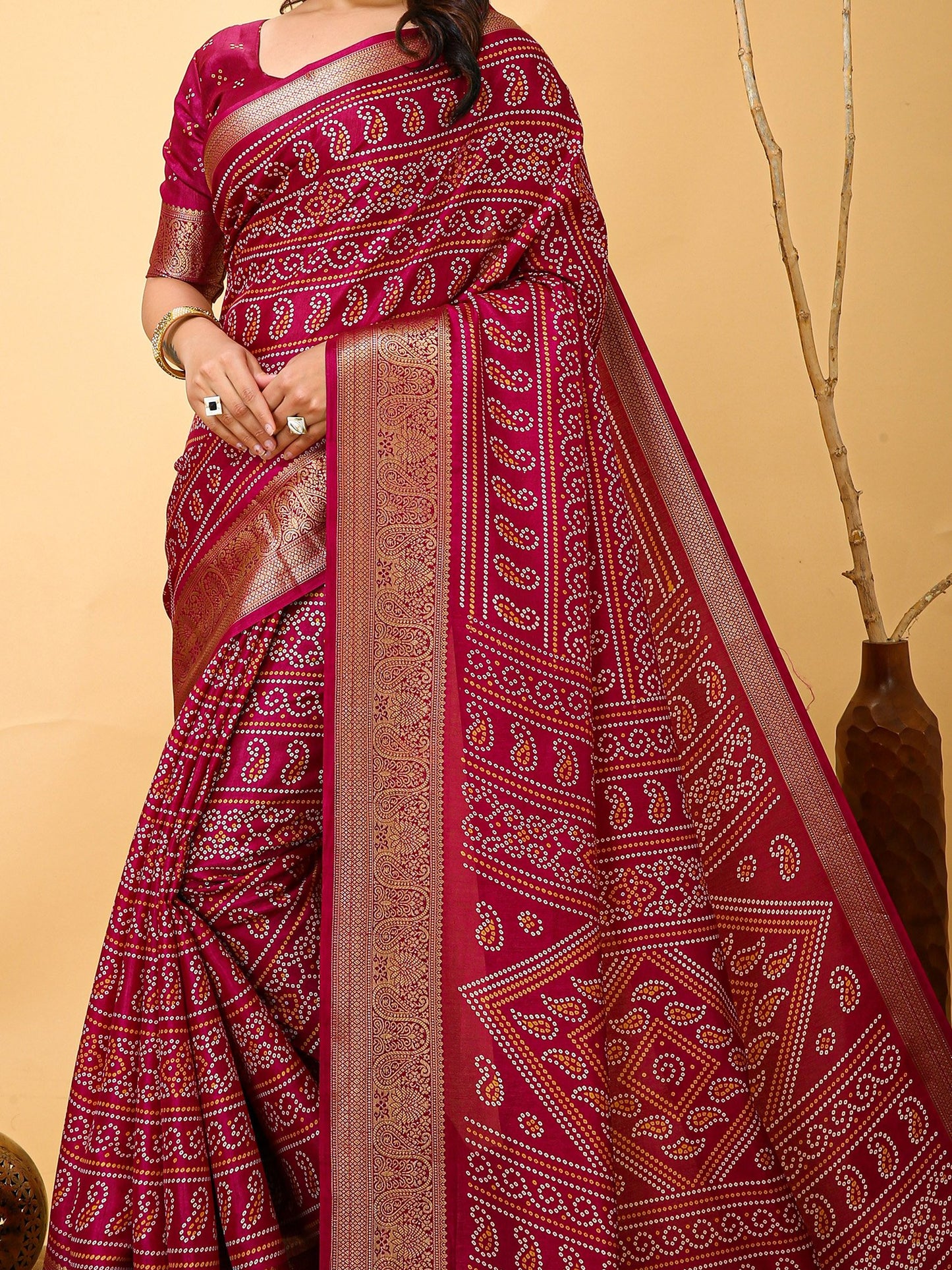 Pink Bandhani Dola Silk Printed Saree