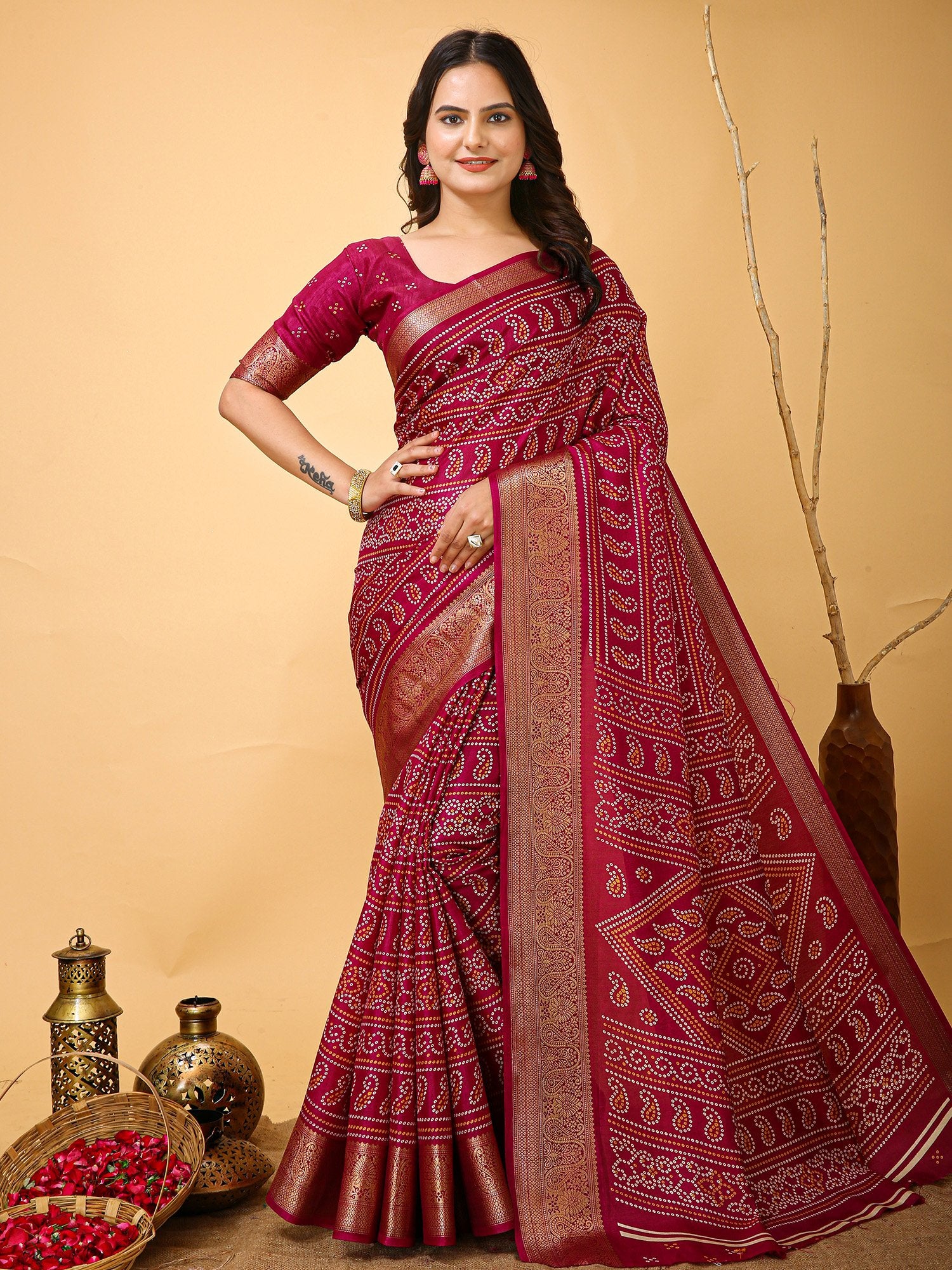 Pink Pink Bandhani Dola Silk Printed Saree