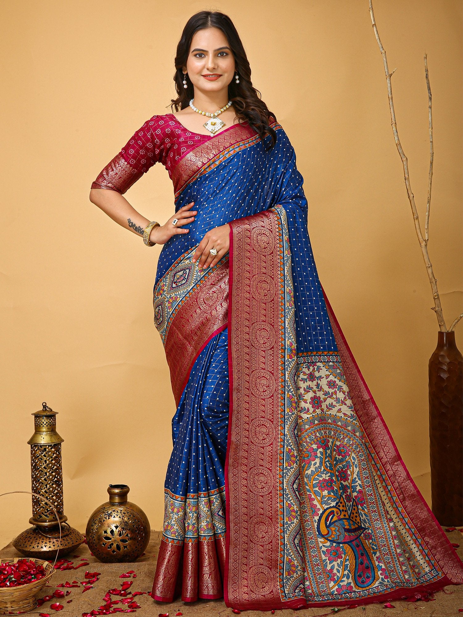 Blue Dark Sungudi Silk Blend Printed Saree
