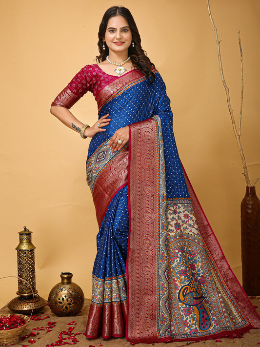 Blue Dark Sungudi Silk Blend Printed Saree