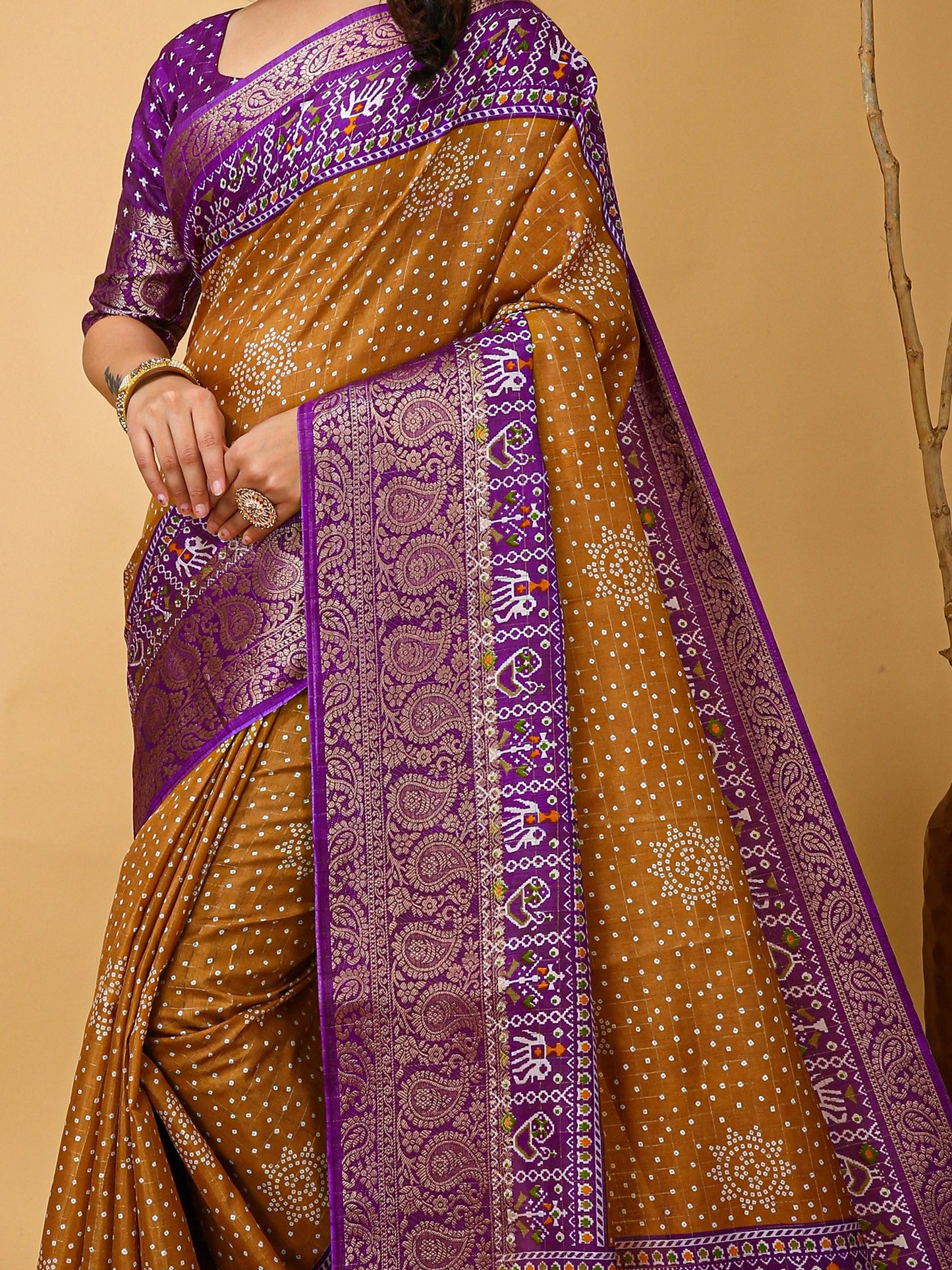 Mustard Patola Dola Silk Printed Saree