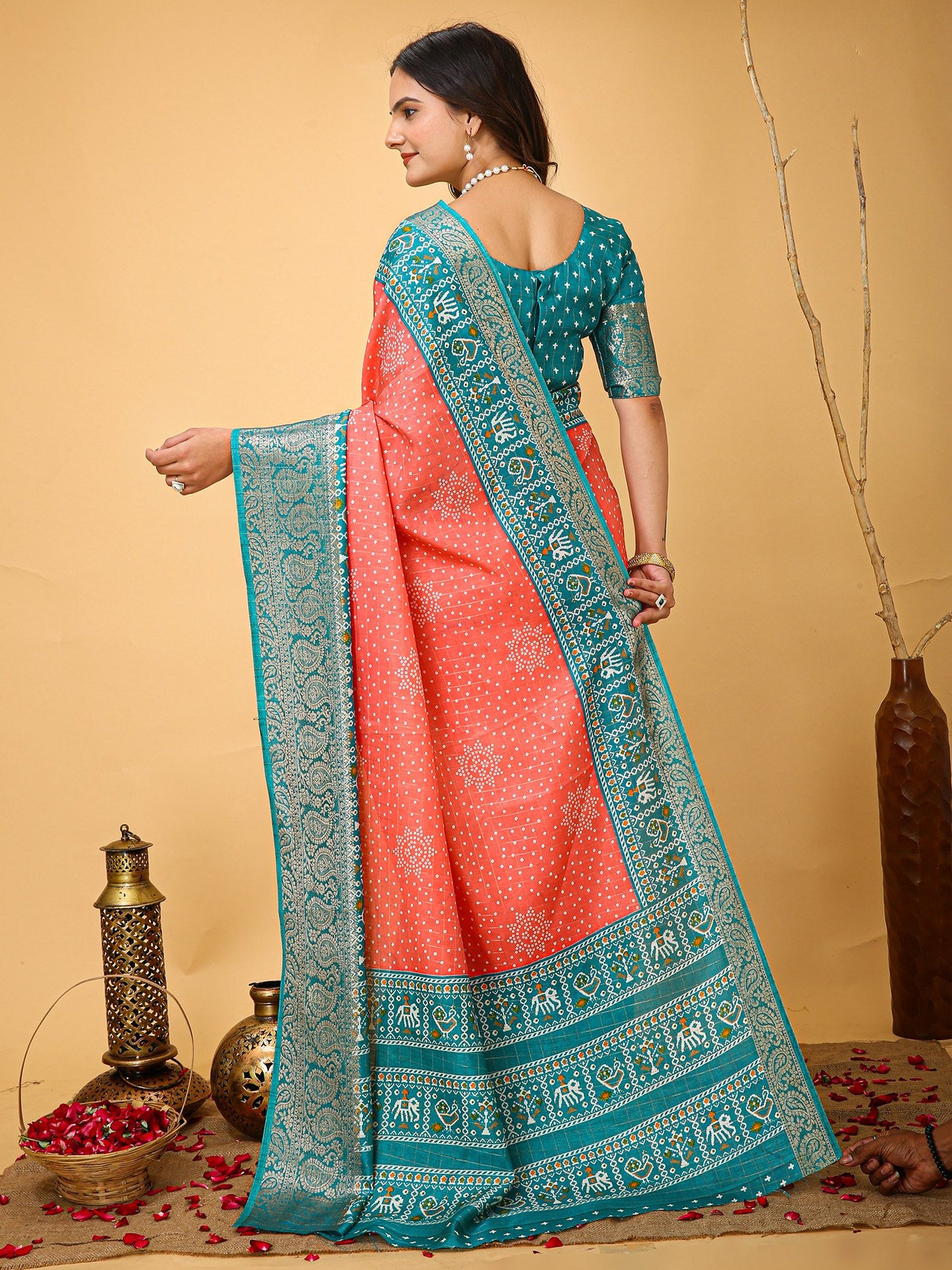 Peach Patola Dola Silk Printed Saree