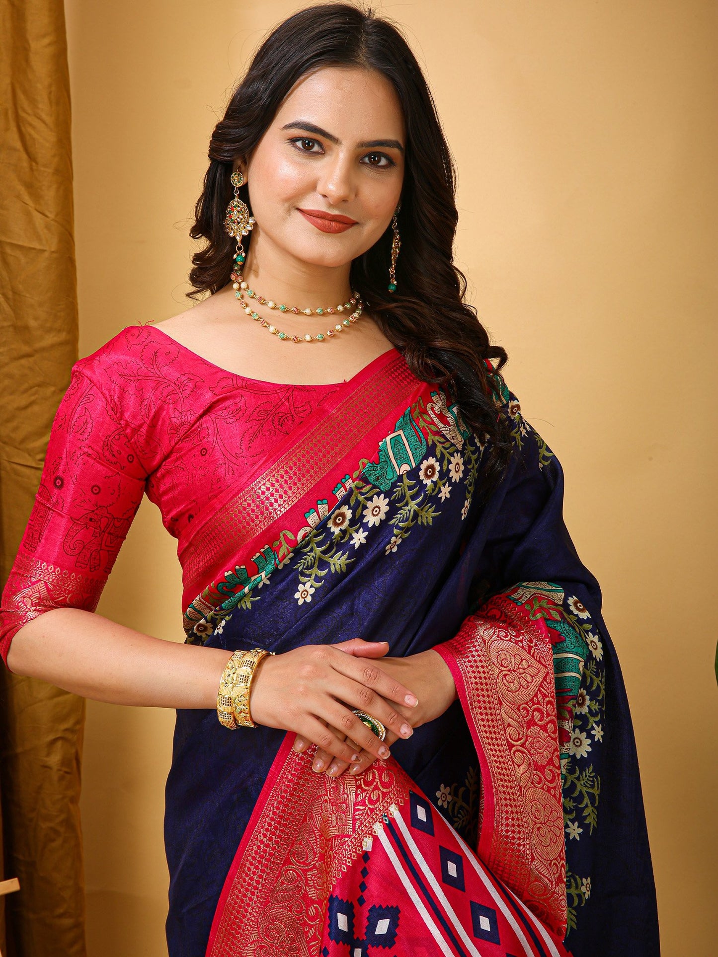Navy Sungudi Silk Blend Printed Saree