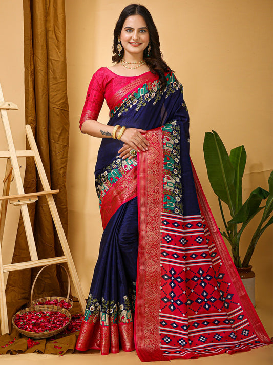 Blue Navy Sungudi Silk Blend Printed Saree