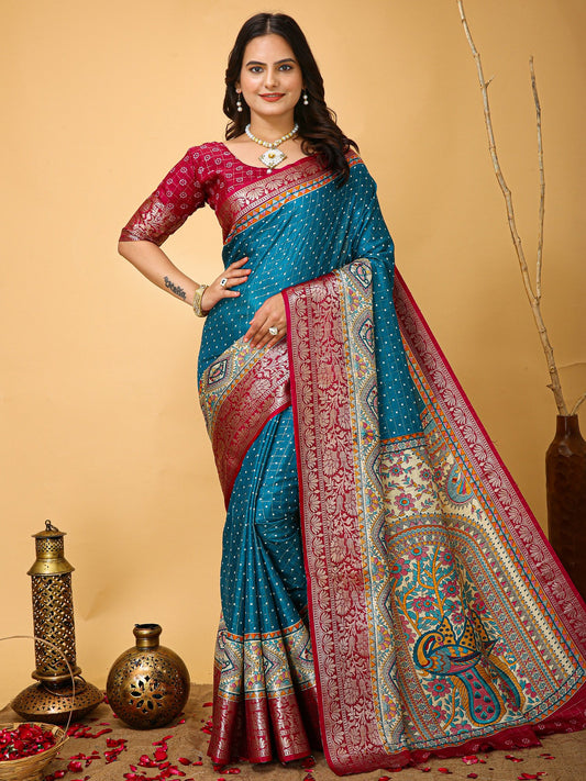 Blue Light Sungudi Silk Blend Printed Saree