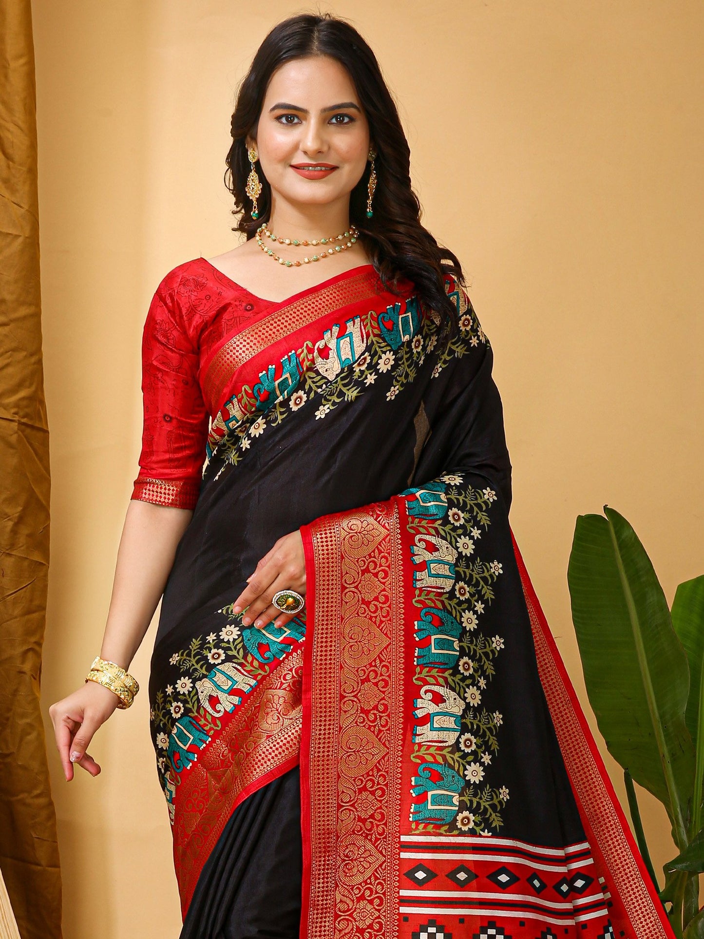 Black Sungudi Silk Blend Printed Saree
