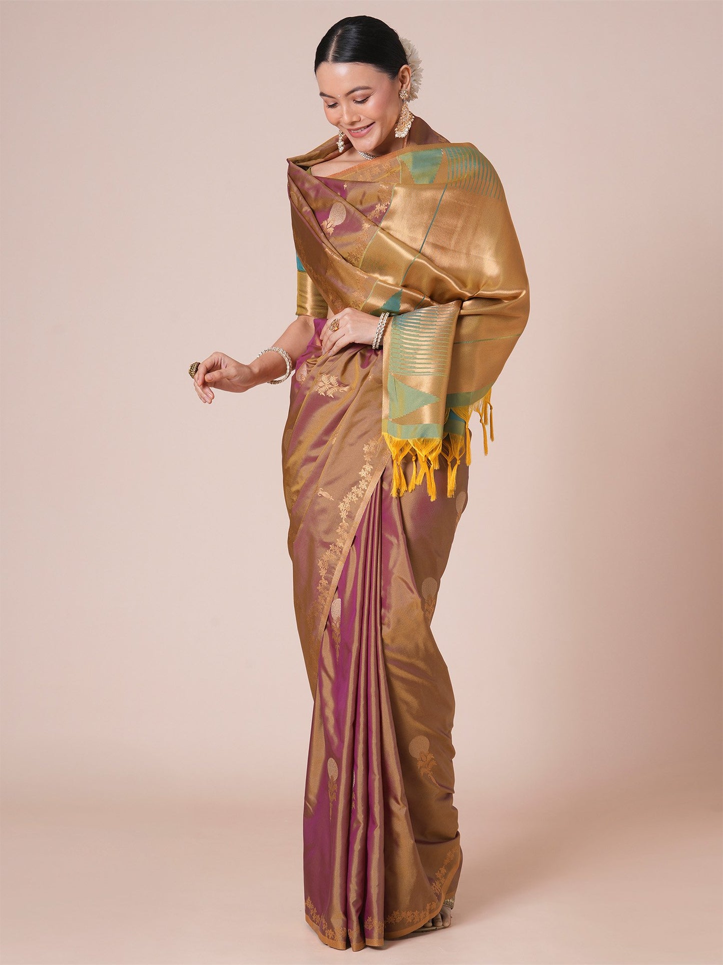 Brown Mauve Jamdani Pure Silk Woven Saree