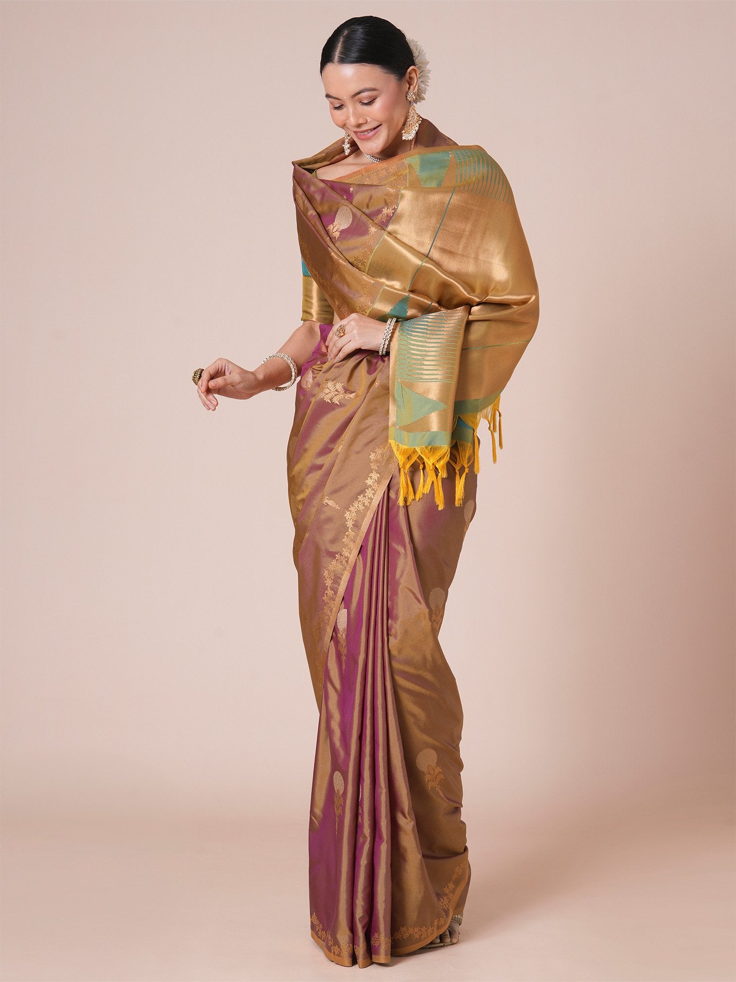 Brown Mauve Jamdani Pure Silk Woven Saree