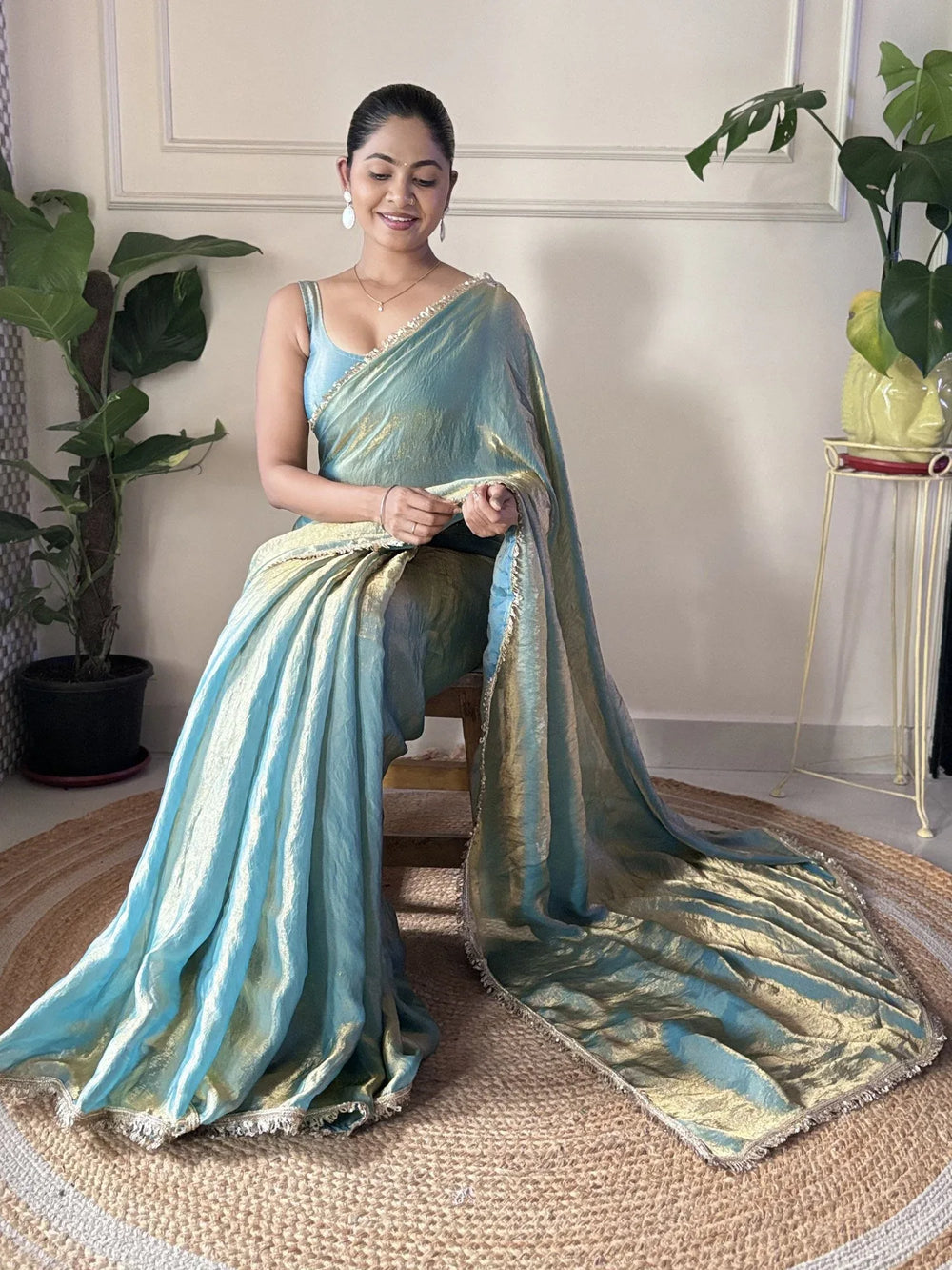 Teal Blue Party Wear Paper Silk Embellished Saree - The Dori Store