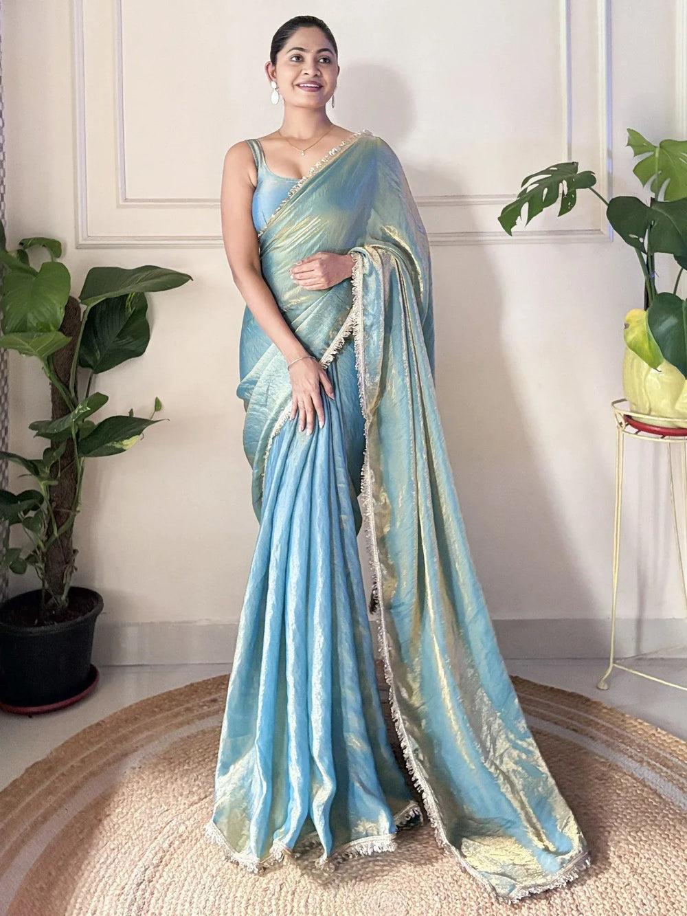 Teal Blue Party Wear Paper Silk Embellished Saree - The Dori Store