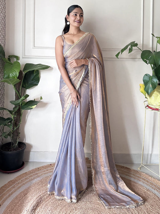 Grey Metallic Party Wear Paper Silk Embellished Saree