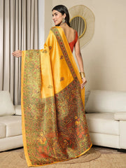 Mustard Tussar Khadi Silk Printed Ready to wear Saree - The Dori Store