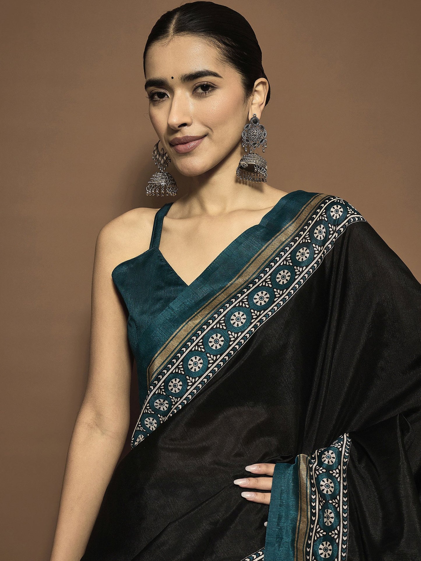 Black Tussar Bhagalpuri Silk Printed Saree