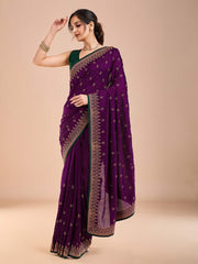 Purple Party Wear Vichitra Silk Embroidered Saree - The Dori Store