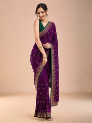 Purple Party Wear Vichitra Silk Embroidered Saree - The Dori Store