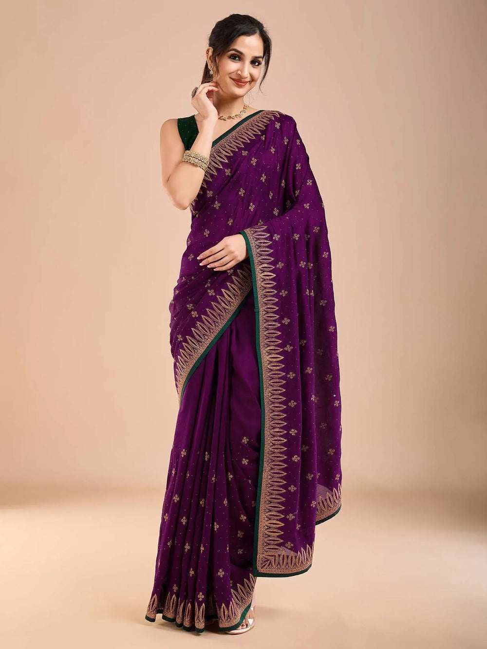 Purple Party Wear Vichitra Silk Embroidered Saree - The Dori Store