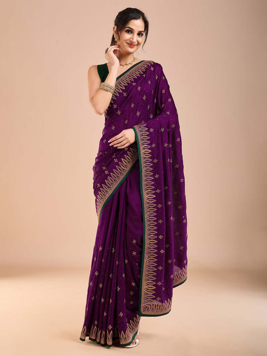 Purple Purple Party Wear Vichitra Silk Embroidered Saree