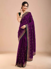Purple Party Wear Vichitra Silk Embroidered Saree - The Dori Store