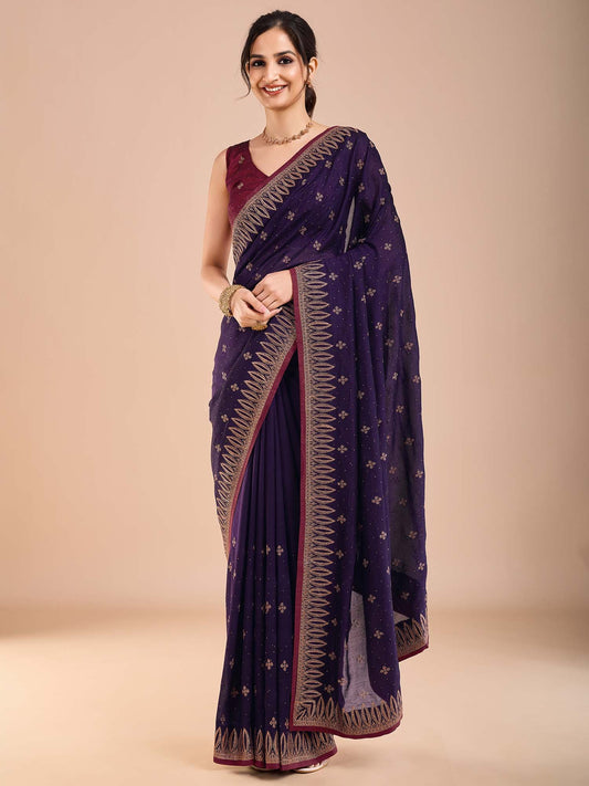 Purple Indigo Party Wear Vichitra Silk Embroidered Saree