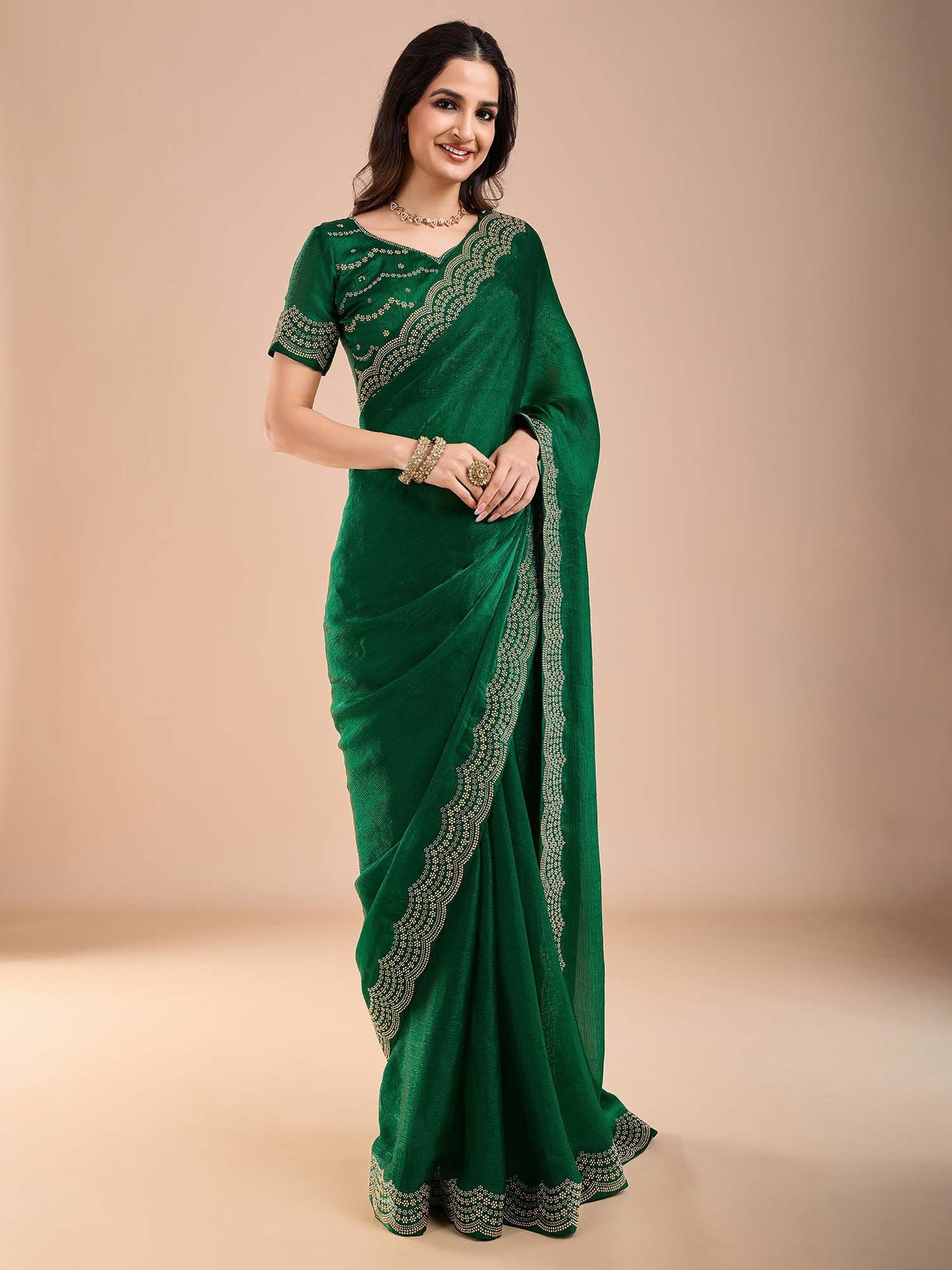 Green Party Wear Tissue Embellished Saree