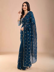 Blue Party Wear Tissue Embellished Saree - The Dori Store