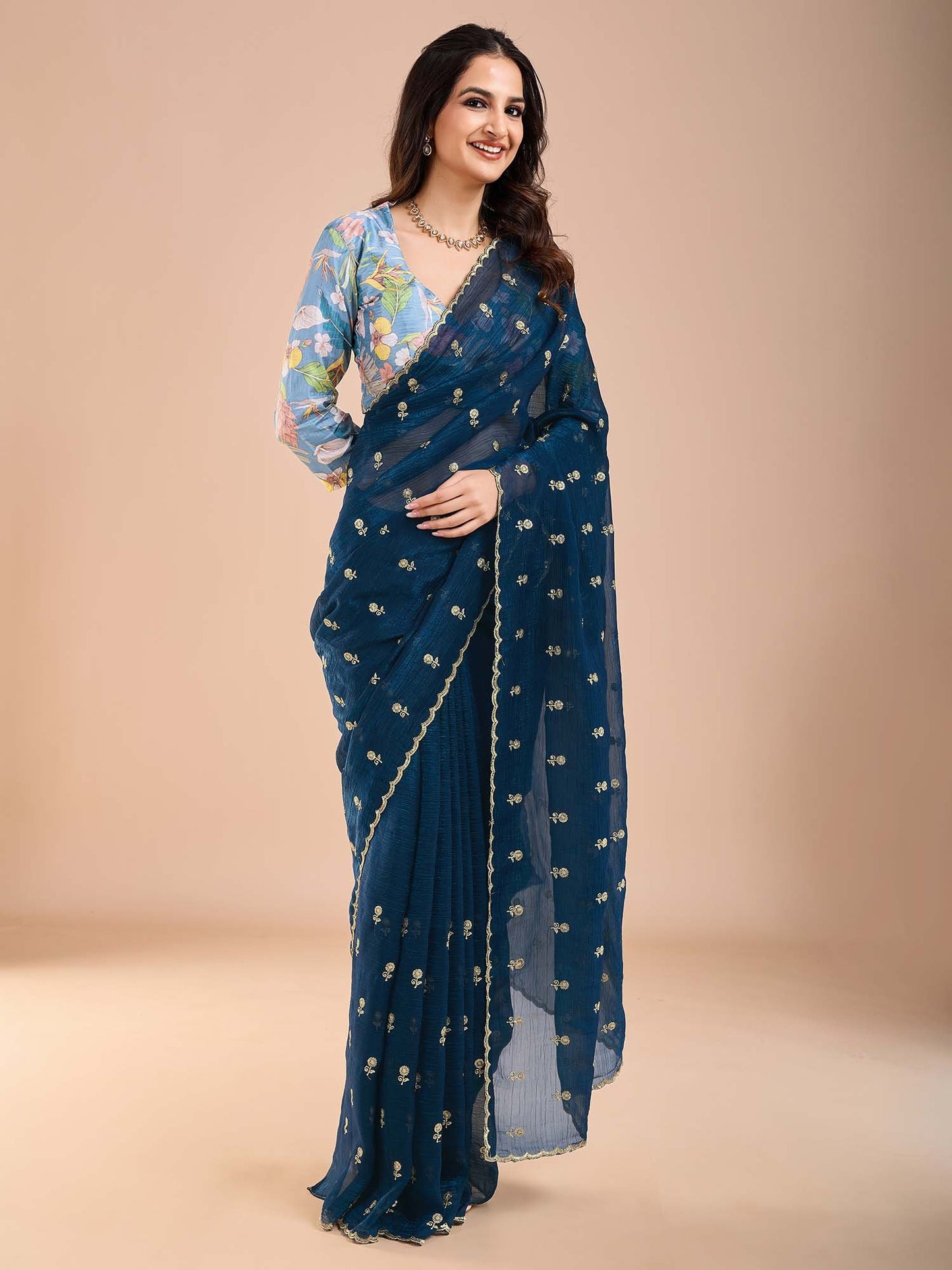 Blue Party Wear Tissue Embellished Saree