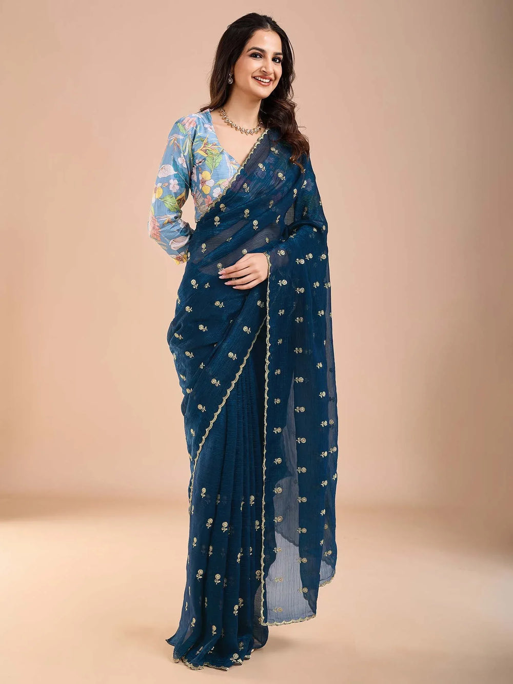 Blue Party Wear Tissue Embellished Saree - The Dori Store
