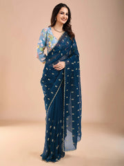 Blue Party Wear Tissue Embellished Saree - The Dori Store
