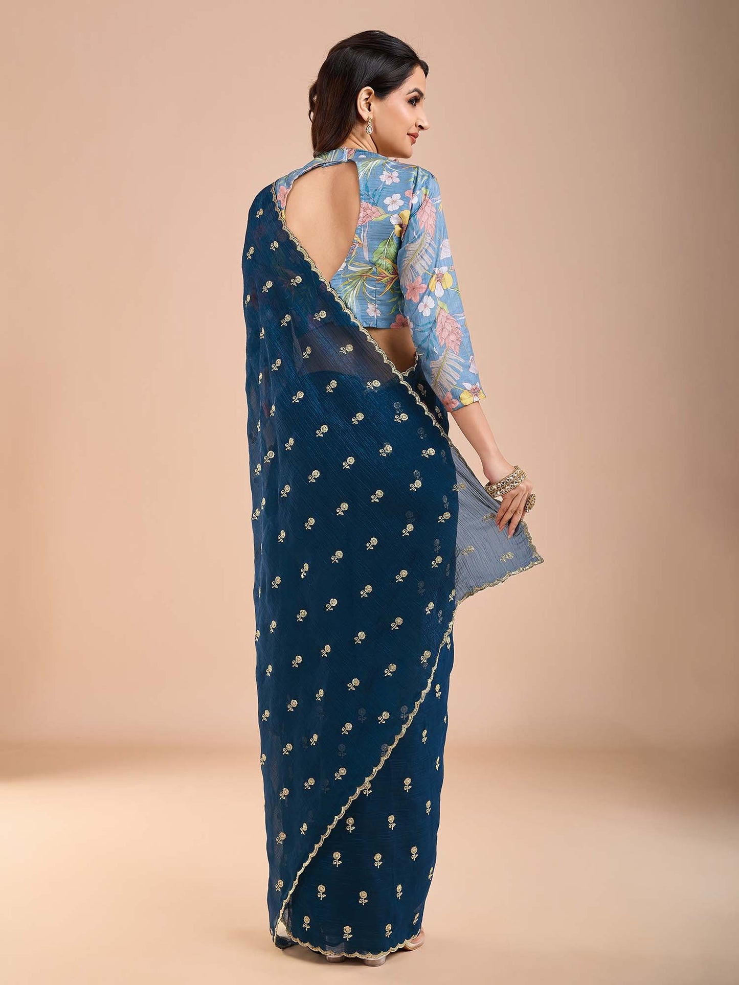 Blue Party Wear Tissue Embellished Saree