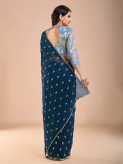 Blue Party Wear Tissue Embellished Saree - The Dori Store