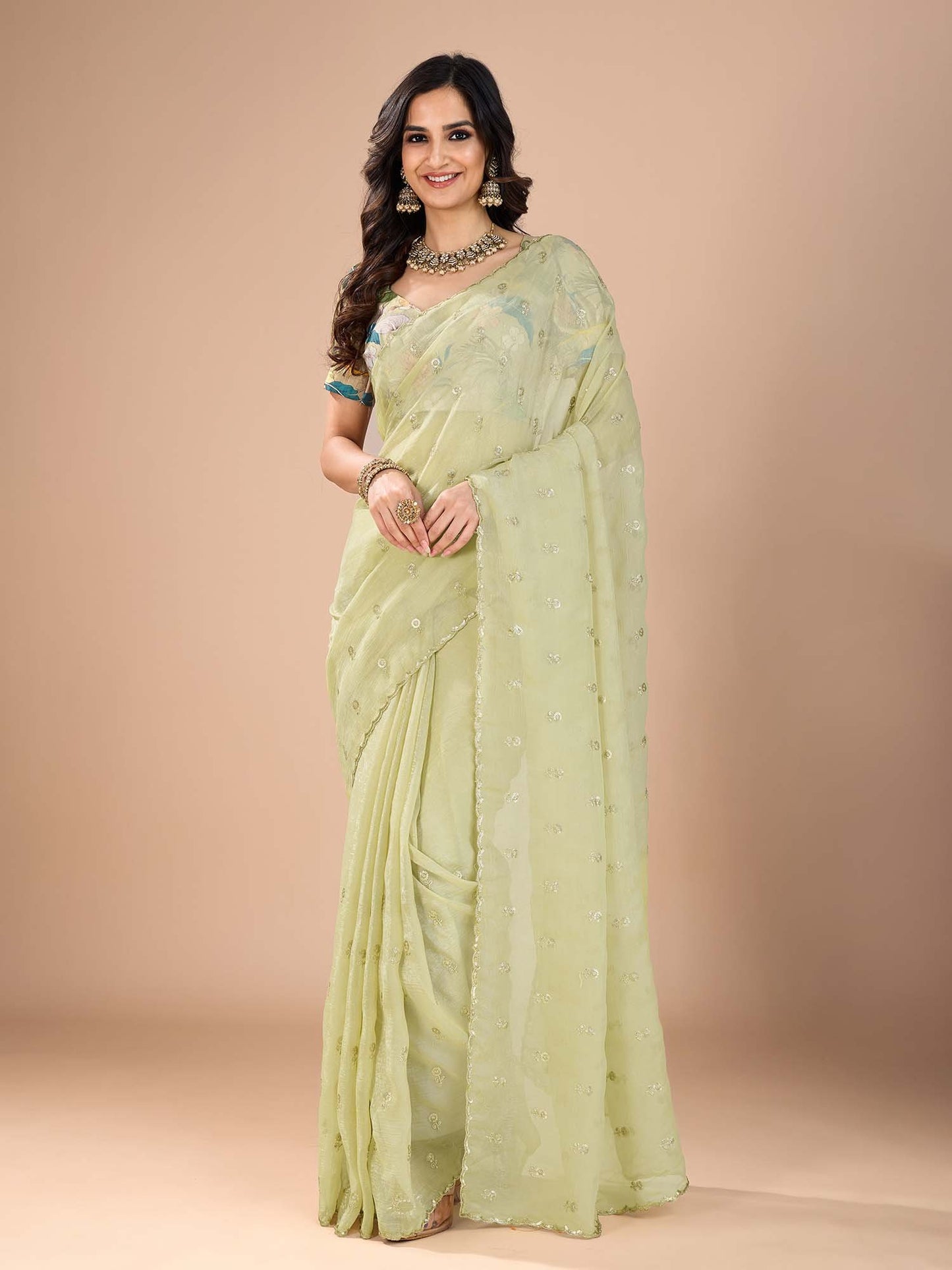 Green Light Party Wear Tissue Embellished Saree