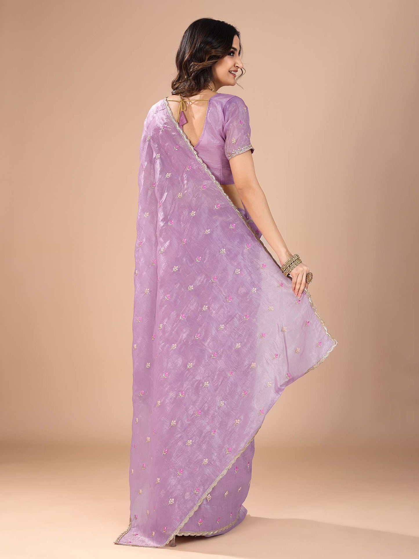 Purple Party Wear Organza Embroidered Saree