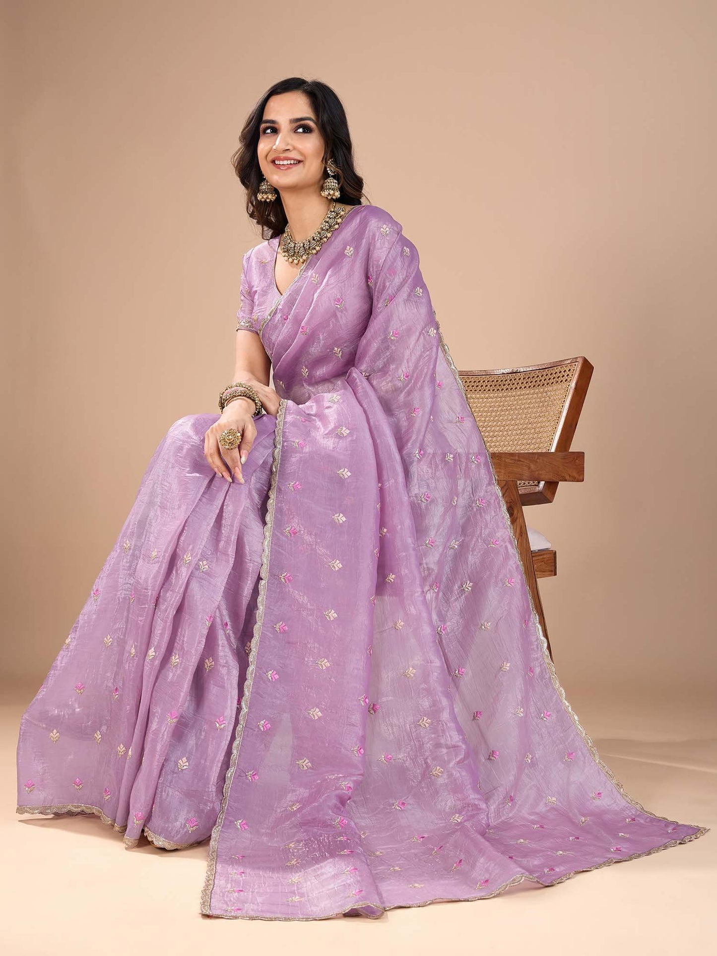 Purple Party Wear Organza Embroidered Saree