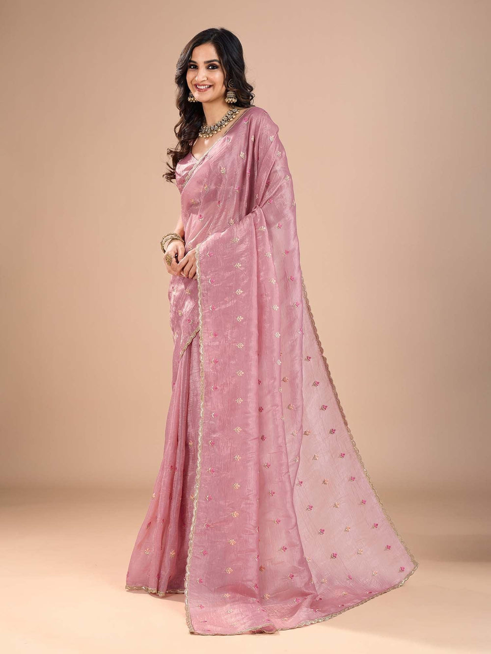Pink Party Wear Organza Embroidered Saree - The Dori Store
