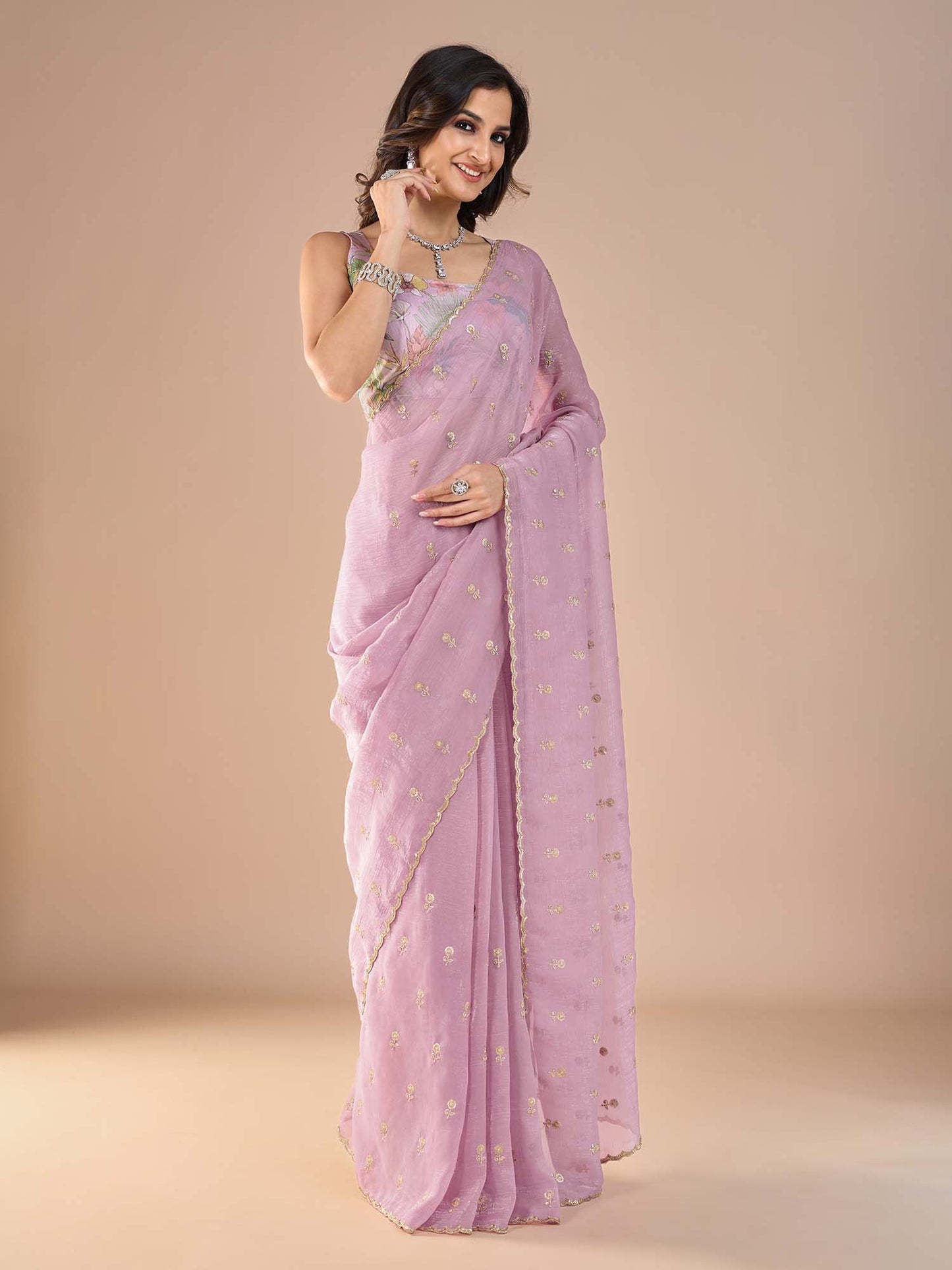 Mauve Party Wear Tissue Embellished Saree