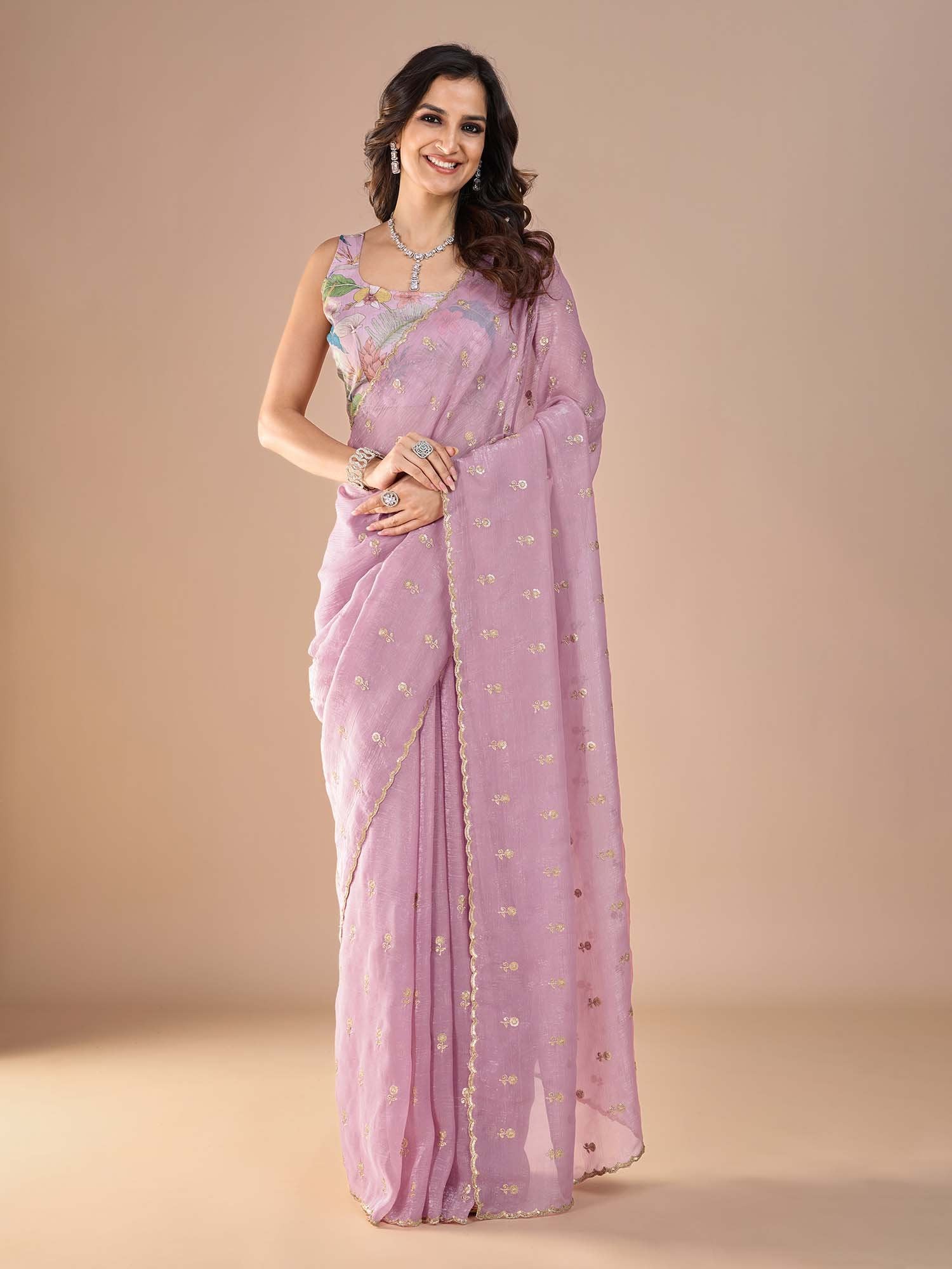 Lavender Mauve Party Wear Tissue Embellished Saree