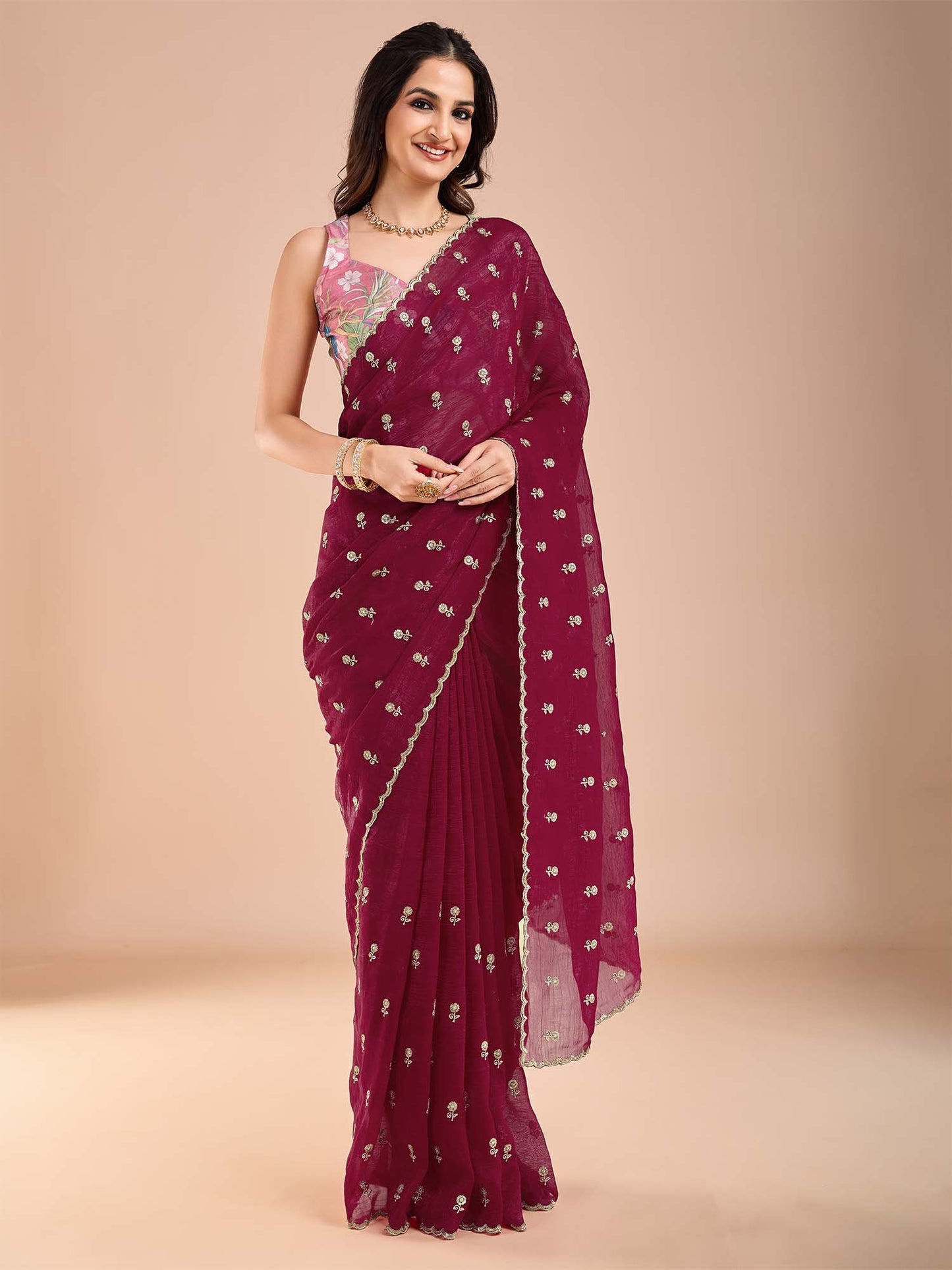 Magenta Party Wear Tissue Embellished Saree